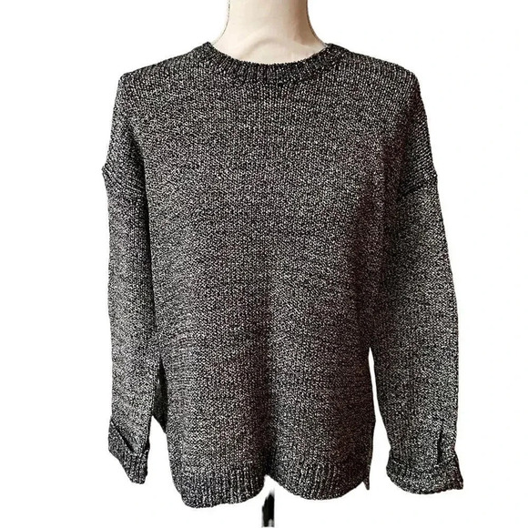 Lou & Grey Black White Marled Knit Sweater S Relaxed Fit High-Low Cozy Pullover - Picture 1 of 12